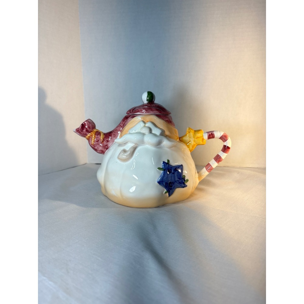 Nantucket Santa Claus Christmas Teapot Candy Cane Handle Star Blue
